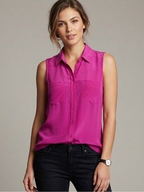 Guess Sleeveless Silk Button Down Top | Size Small